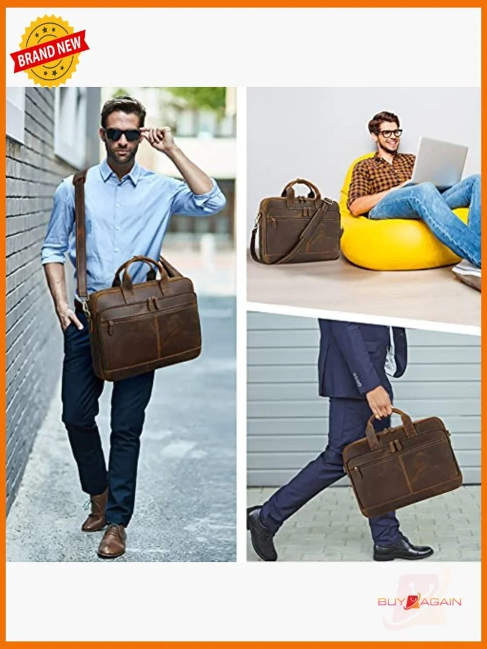 Full Grain Leather Laptop Messenger Bag Briefcase Fits 15.6 Inch